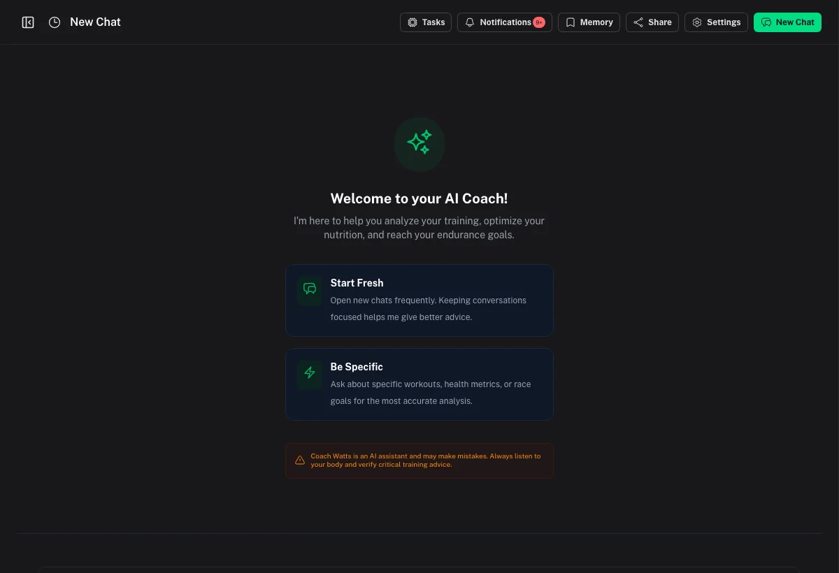 AI Chat welcome screen with tips to start focused conversations and ask about specific workouts