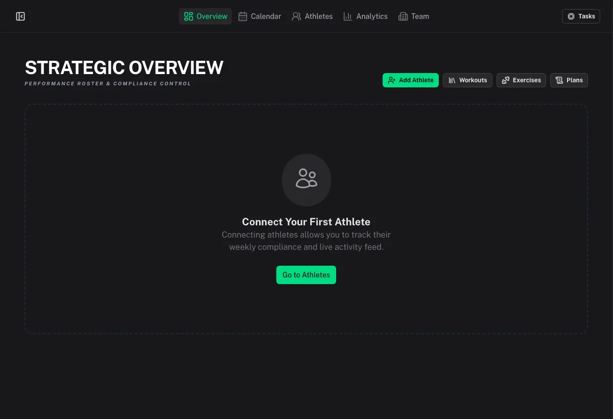 Coaching strategic overview with roster shortcuts and connect-first-athlete empty state