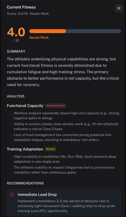 Current Fitness analysis card with an overall score, summary, adaptation analysis, and a recommended action