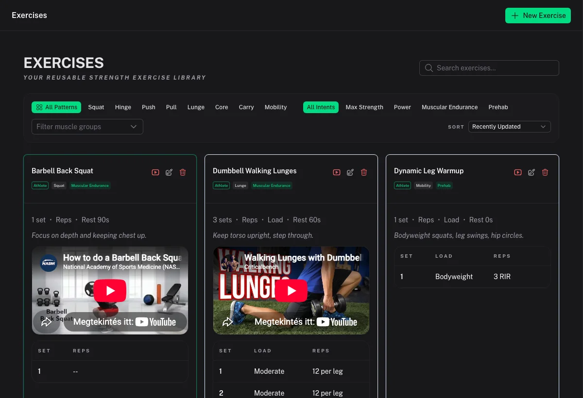 Exercise library with filters for movement pattern, intent, and muscle groups