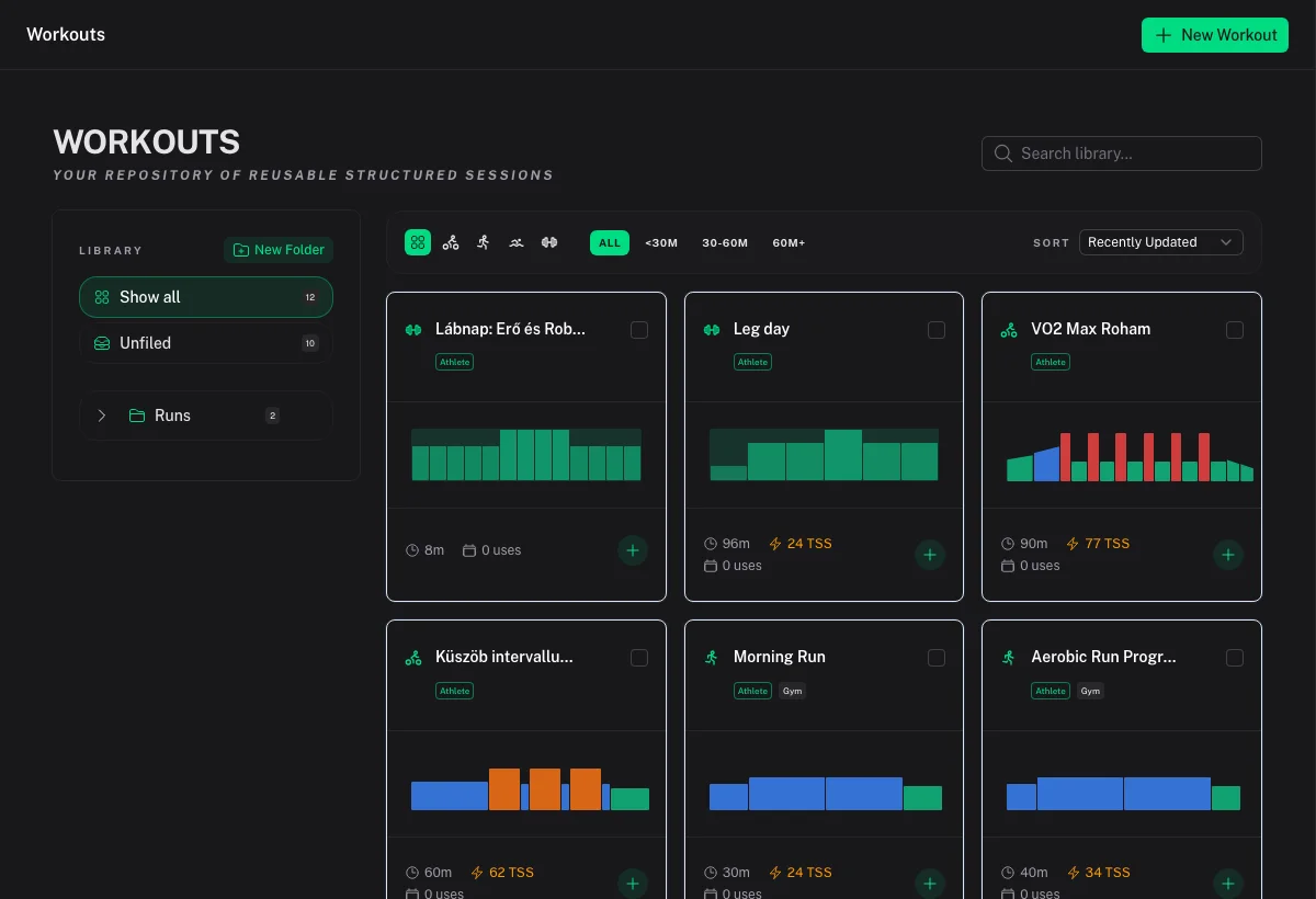 Workout library grid of reusable structured sessions with sport filters and folder organization