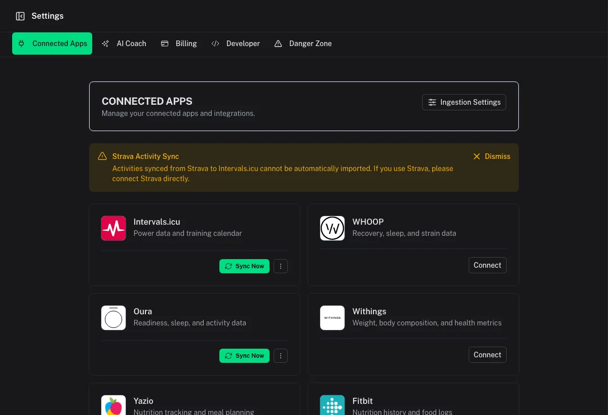 Connected Apps grid with sync actions, Connect buttons, and Ingestion Settings